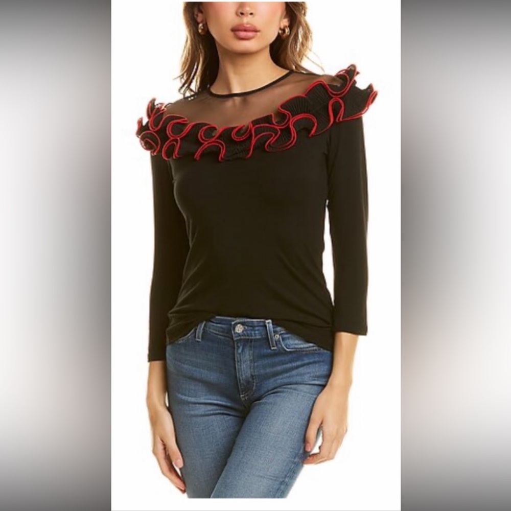 Gracia Black Mesh Red Trim Ruffle Top NWOT